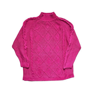 Vintage 80s Casual Corner Hot Pink Cable Knit Mock Neck Sweater Size Medium